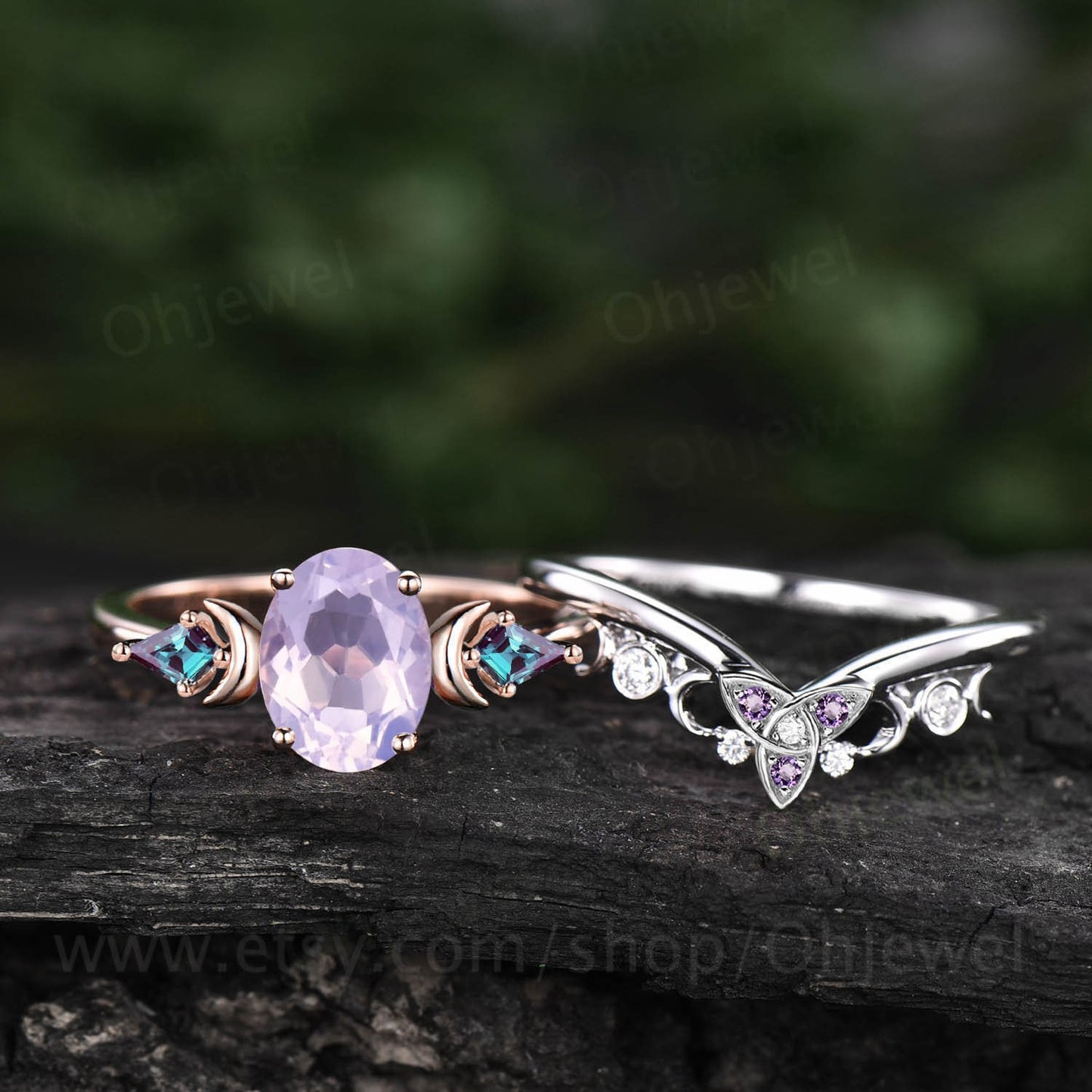 Vintage oval lavender Amethyst engagement ring Moon kite alexandrite ring rose gold purple gemstone moissanite promise bridal ring set women