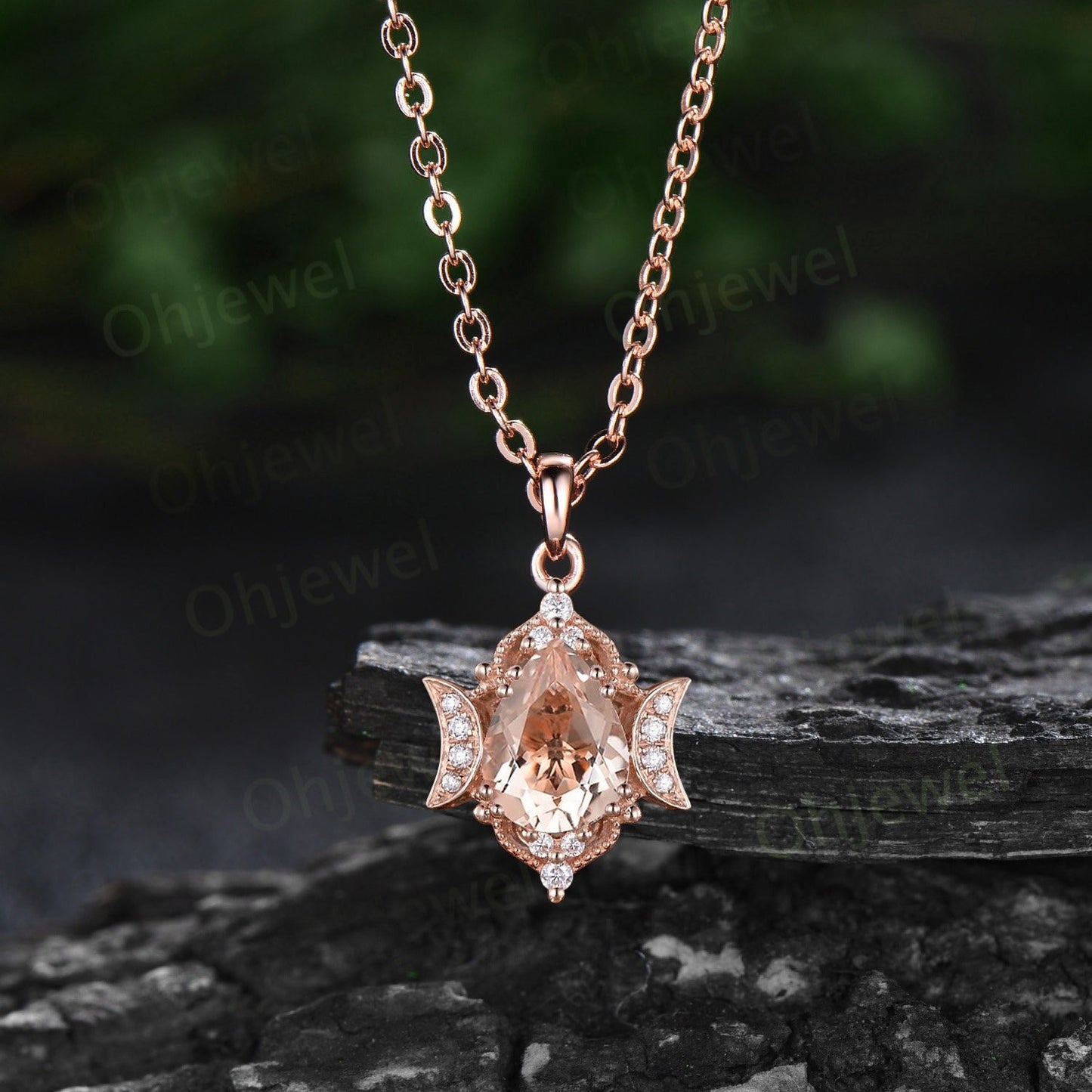 Vintage pear natural morgantie necklace rose gold unique moon halo diamond necklace Pendant women art deco birthday anniversary gift her