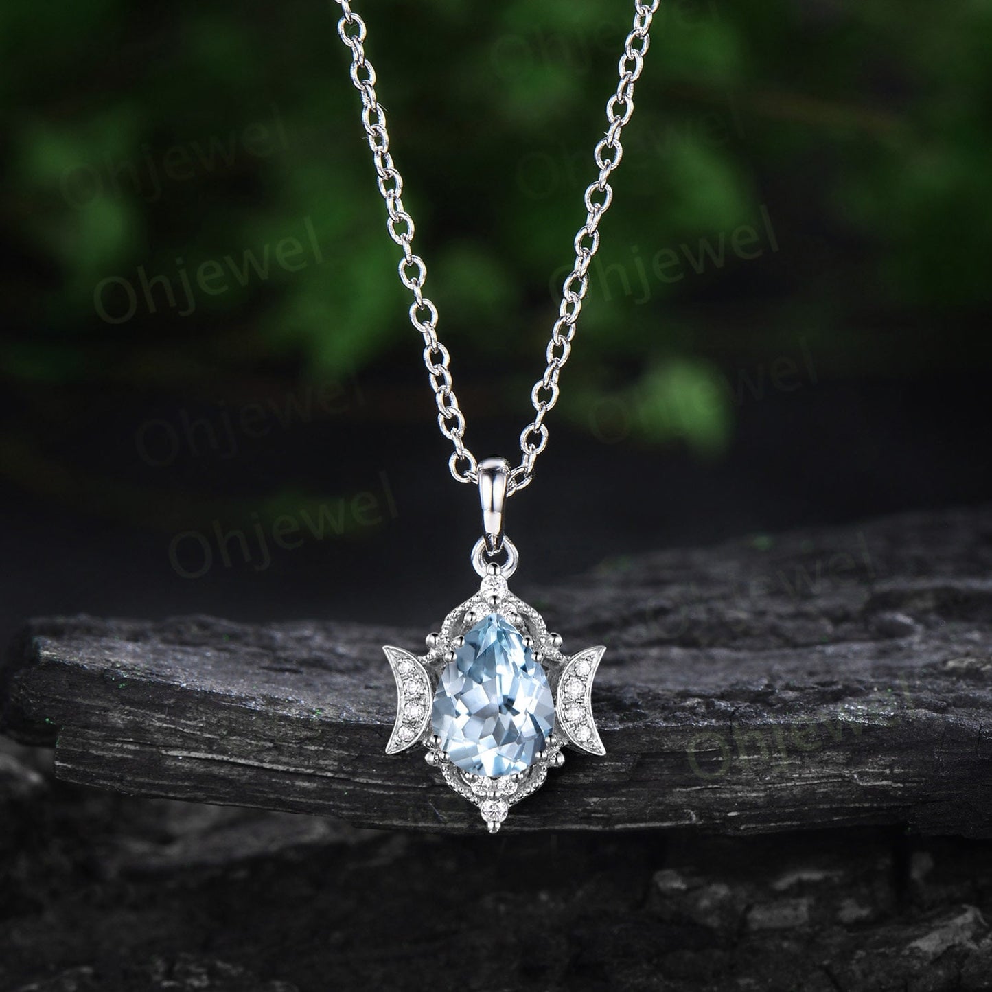 Vintage pear aquamarine necklace 14k rose gold women unique milgrain art deco moon diamond Pendant birthday bridal anniversary gift for her