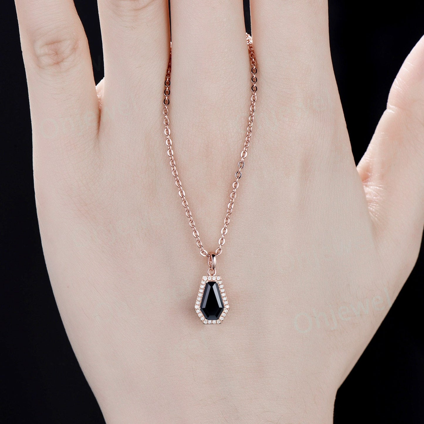 Coffin shaped natural black Onyx necklace vintage solid 14k rose gold 6 prong halo diamond necklace Pendant women black gemstone gift her