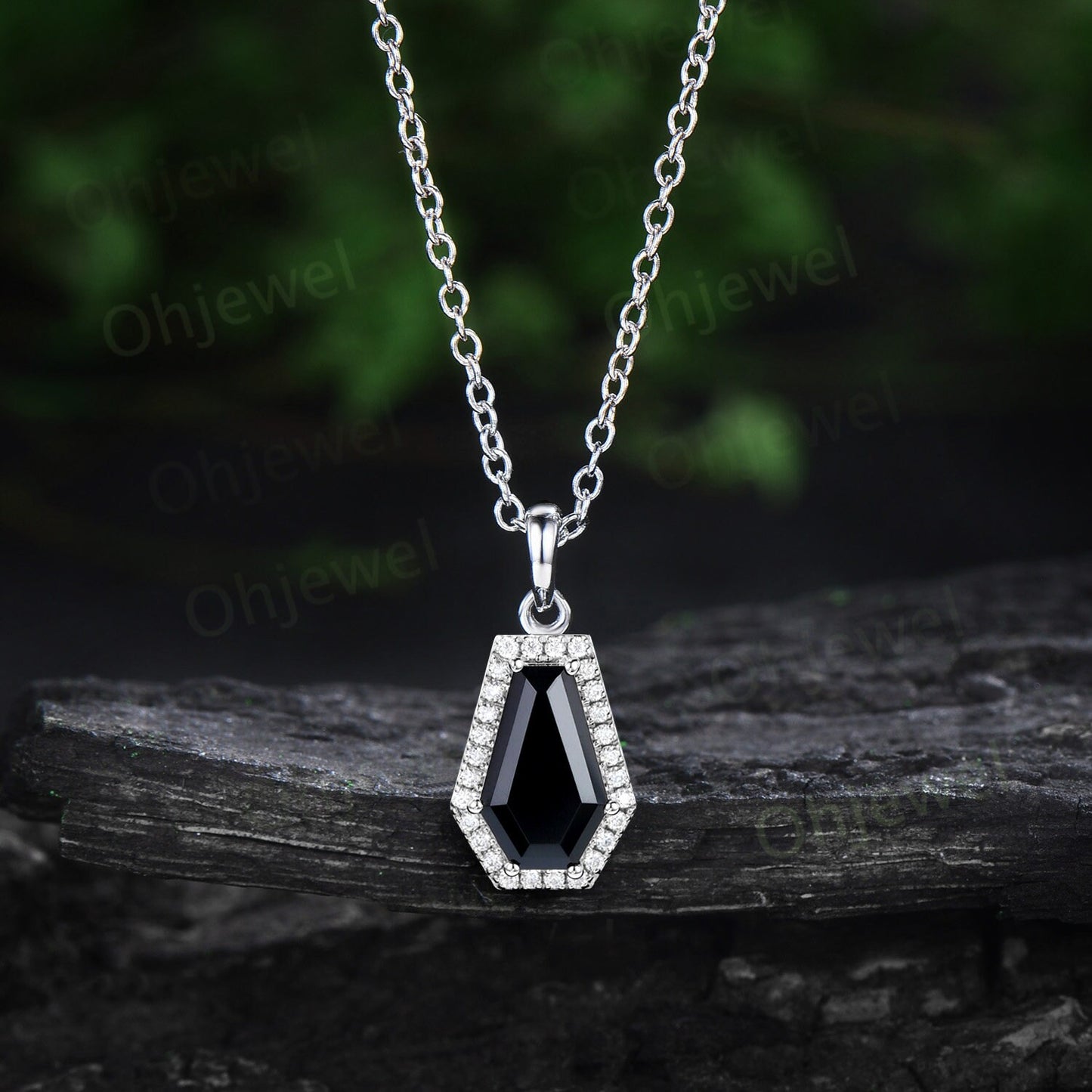 Coffin shaped natural black Onyx necklace vintage solid 14k rose gold 6 prong halo diamond necklace Pendant women black gemstone gift her
