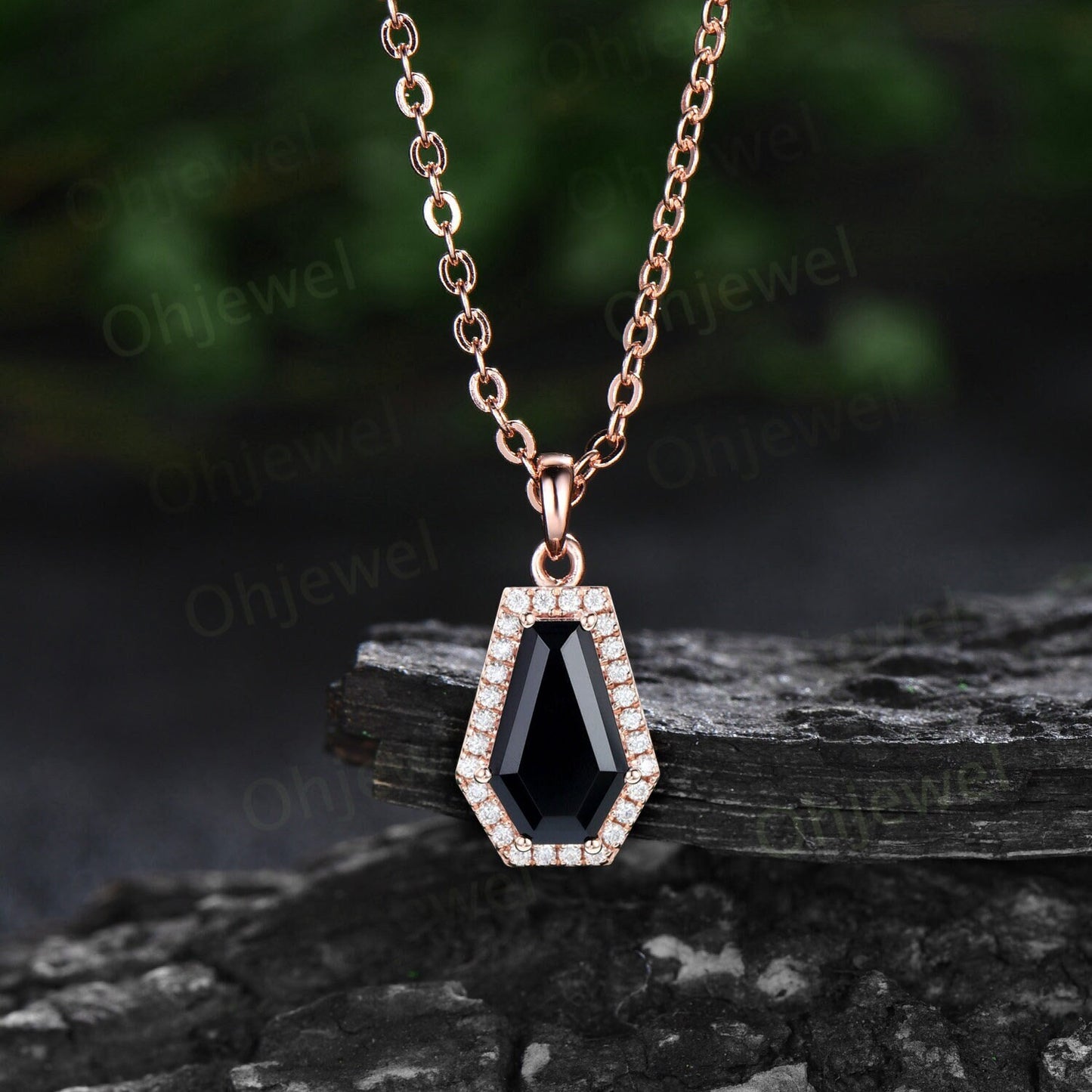 Coffin shaped natural black Onyx necklace vintage solid 14k rose gold 6 prong halo diamond necklace Pendant women black gemstone gift her