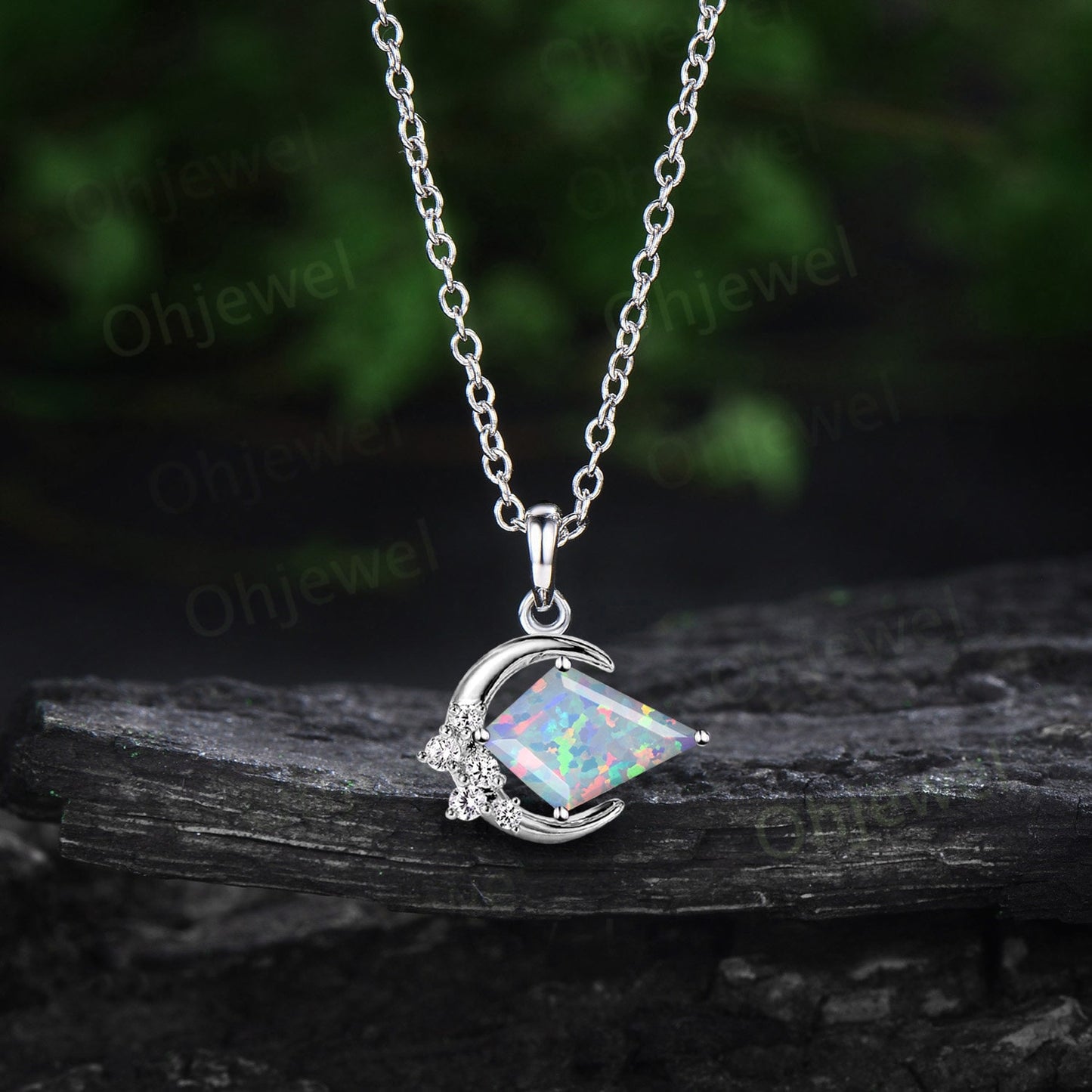 Vintage moon kite cut white opal necklace rose gold star cluster October birthstone dainty unqiue necklace Pendant women anniversary gift