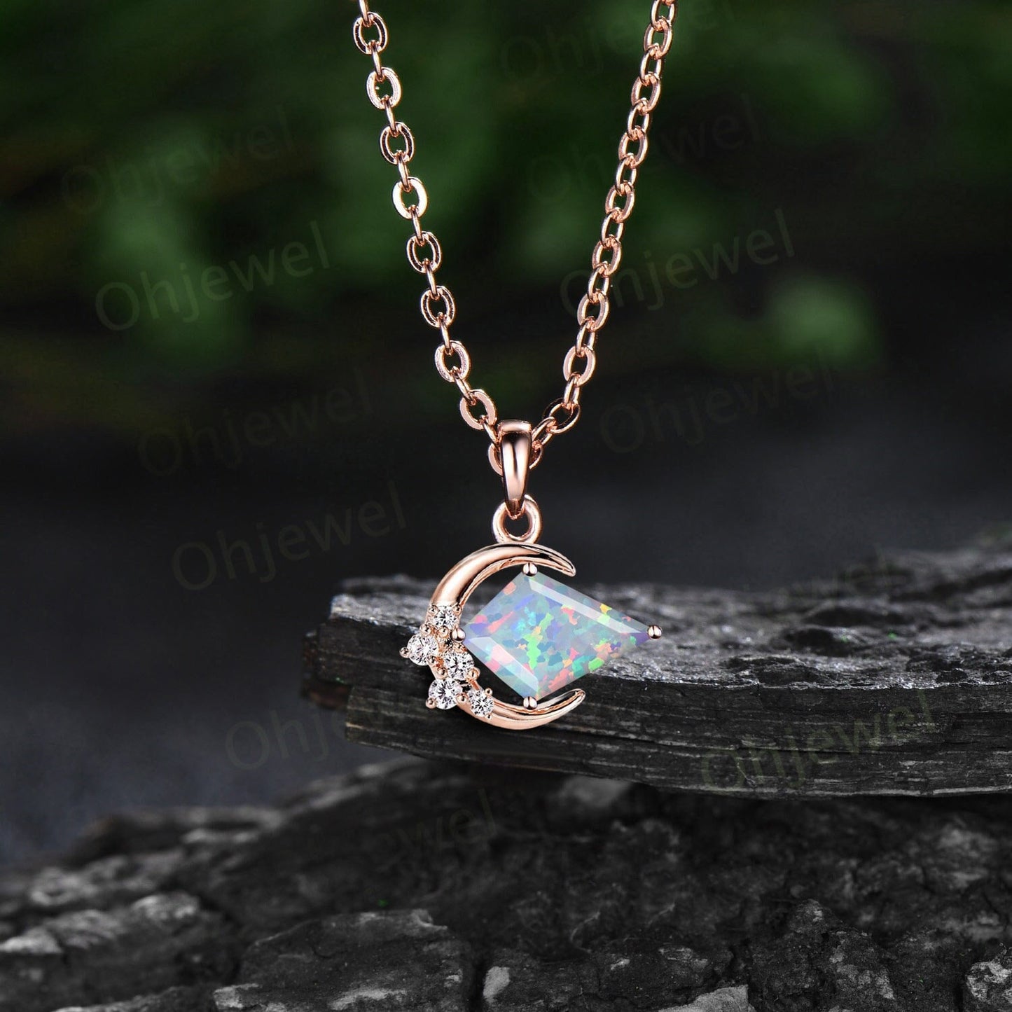 Vintage moon kite cut white opal necklace rose gold star cluster October birthstone dainty unqiue necklace Pendant women anniversary gift