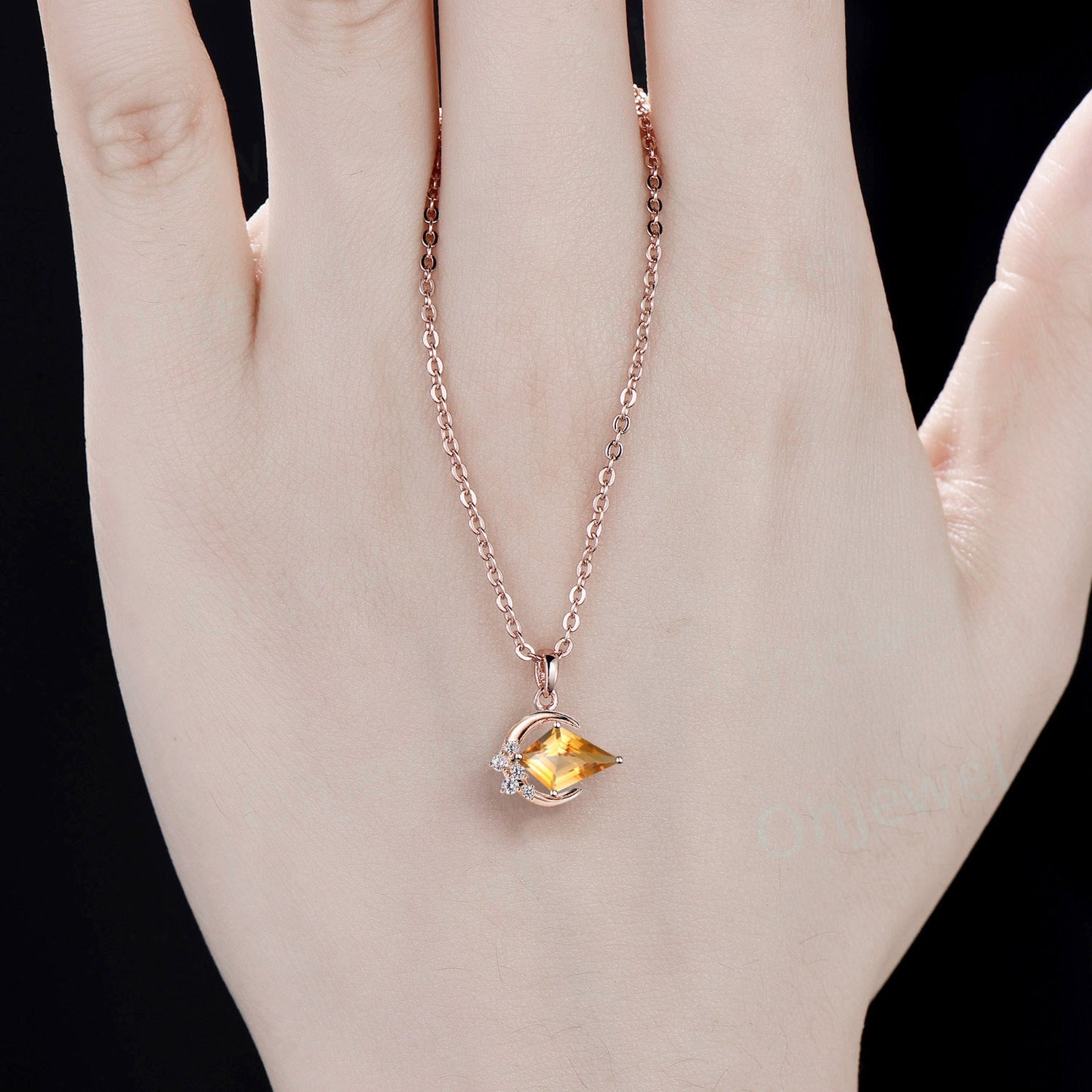 Vintage kite cut yellow citrine necklace 14k rose gold Personalized moon cluster diamond unique Pendant women anniversary gift for her
