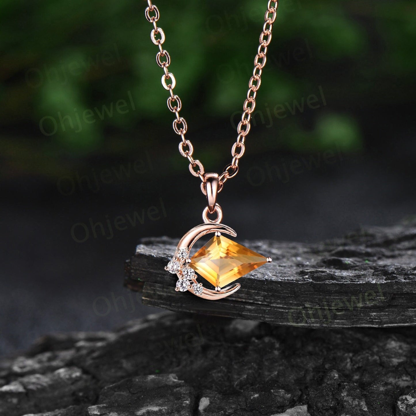 Vintage kite cut yellow citrine necklace 14k rose gold Personalized moon cluster diamond unique Pendant women anniversary gift for her