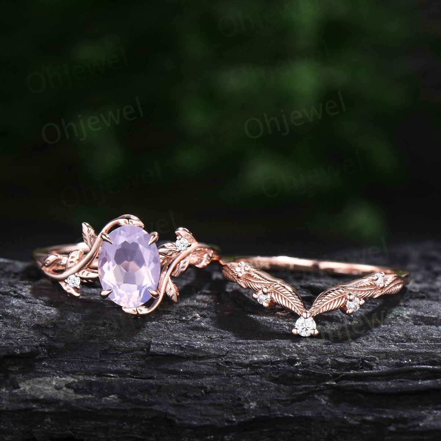 Twig oval cut Lavender Amethyst ring unique engagement ring set women leaf nature inspired rose gold ring branch diamond bridal ring set