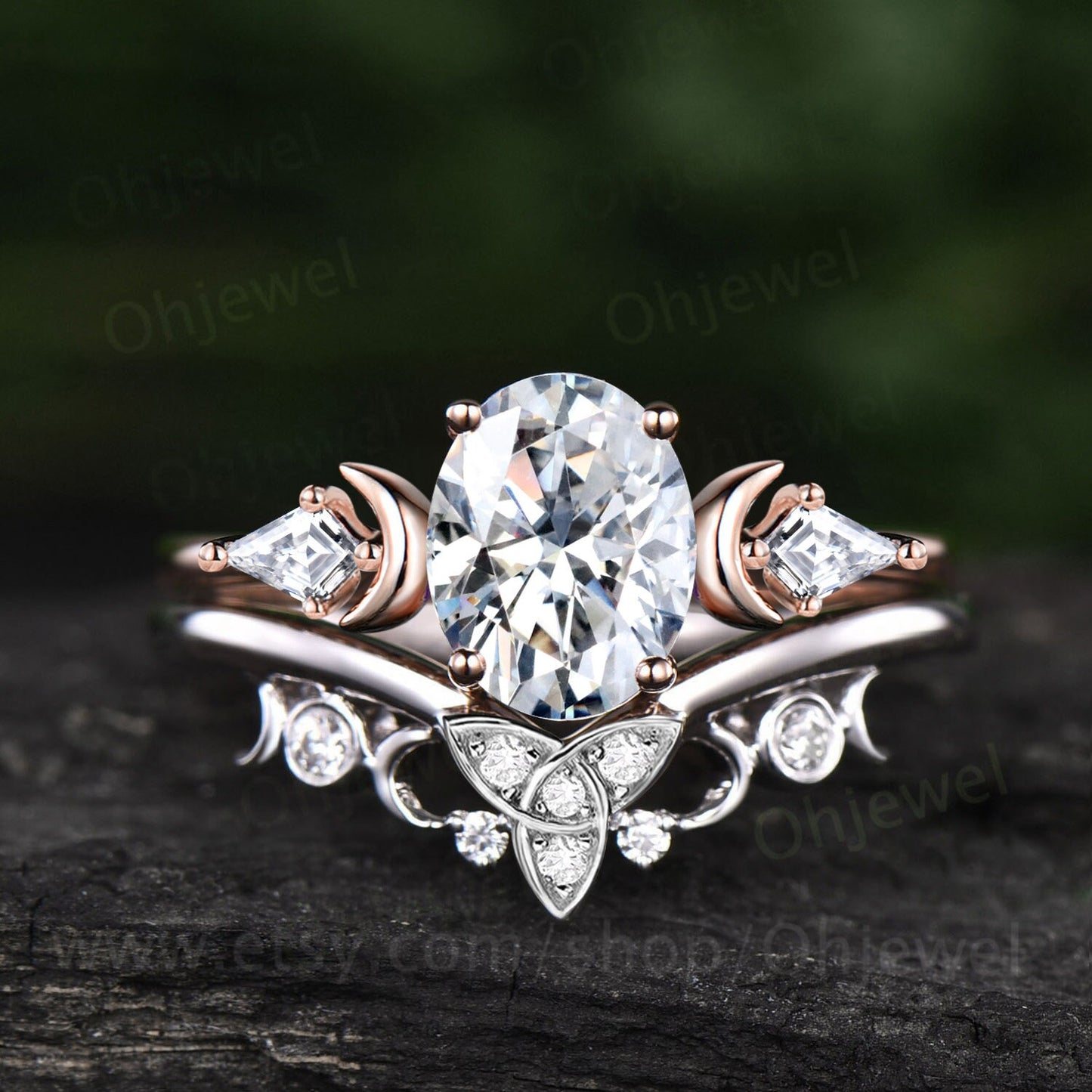 Moissanite ring vintage oval kite three stone moon unique engagement ring set 14k white gold Celtic knot wedding ring band bridal set women