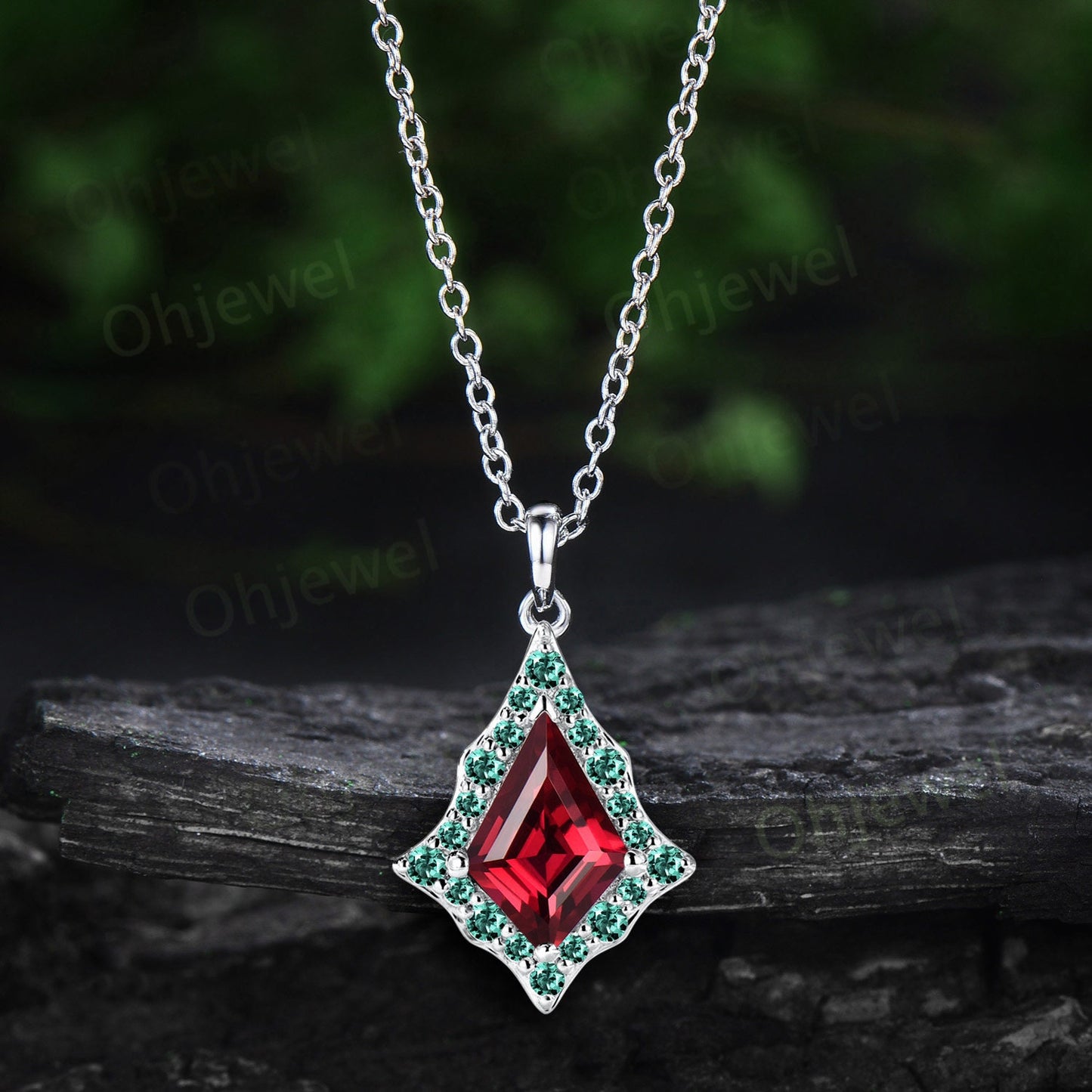 Vintage kite red ruby necklace solid 14k rose gold unique snowdrift halo green emerald necklace Pendant women gemstone anniversary gift