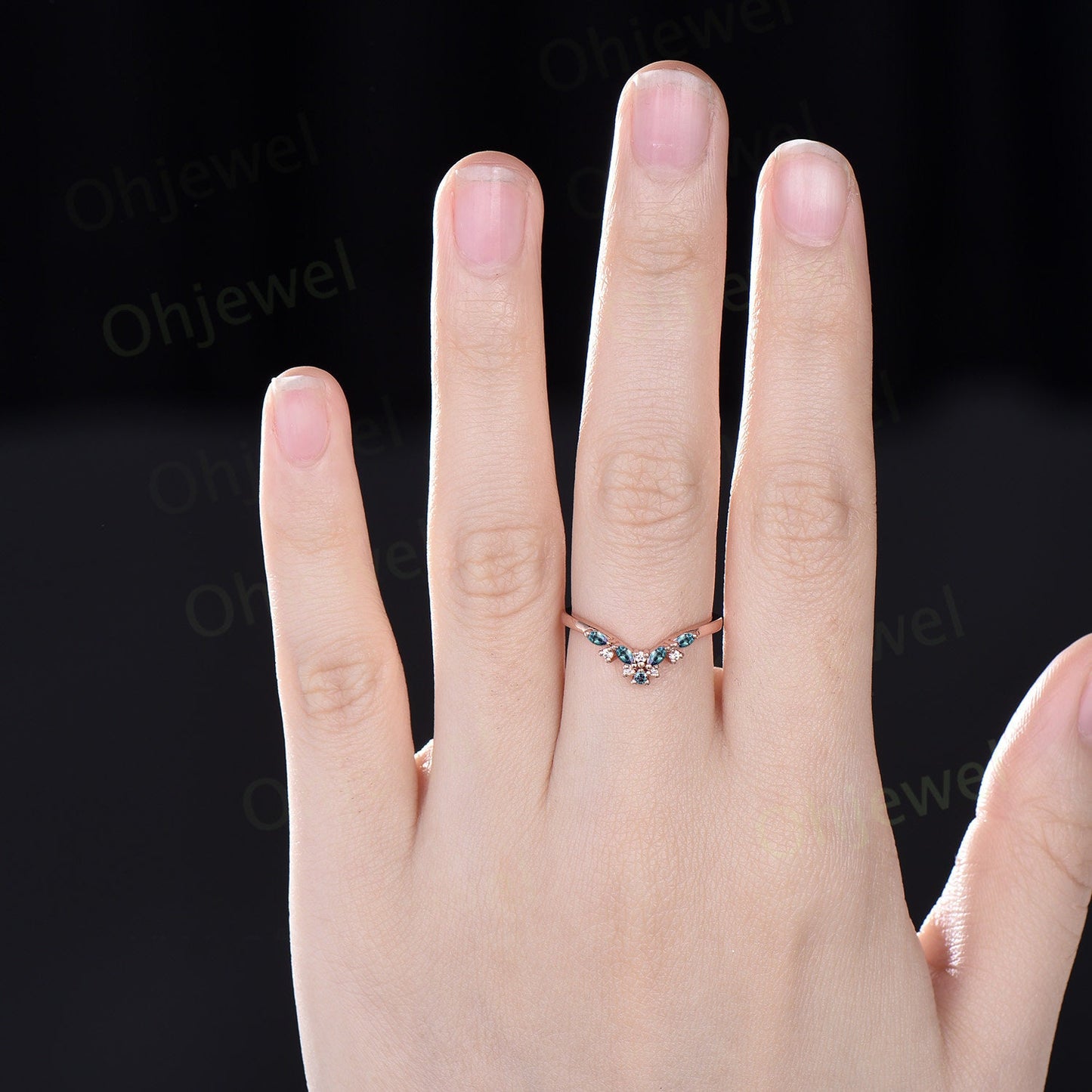 Cluster Alexandrite wedding band solid 14k rose gold moonstone moissanite wedding ring band marquise June birthstone ring Personalized gift