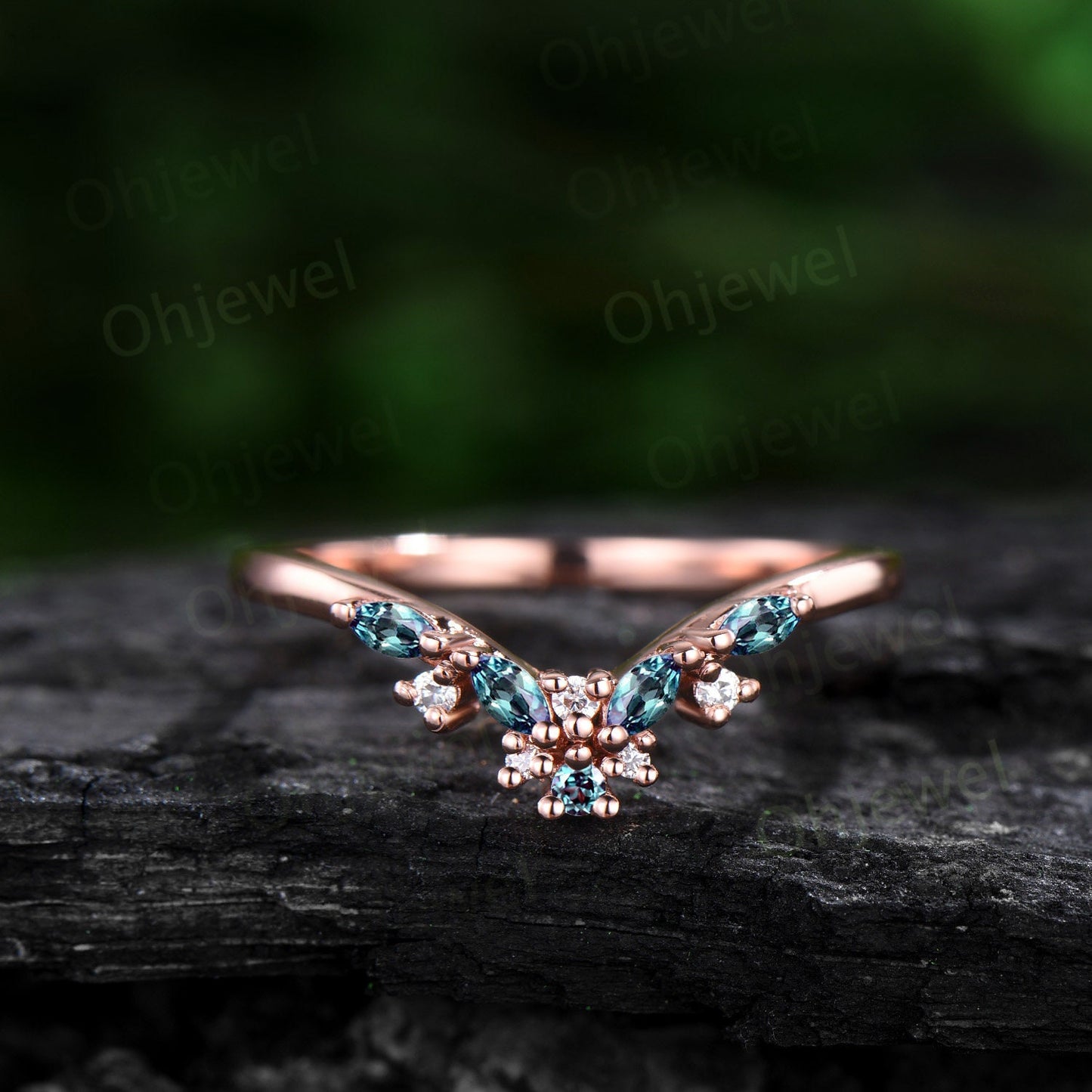 Cluster Alexandrite wedding band solid 14k rose gold moonstone moissanite wedding ring band marquise June birthstone ring Personalized gift