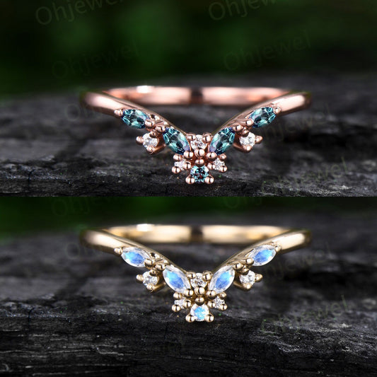 Cluster Alexandrite wedding band solid 14k rose gold moonstone moissanite wedding ring band marquise June birthstone ring Personalized gift