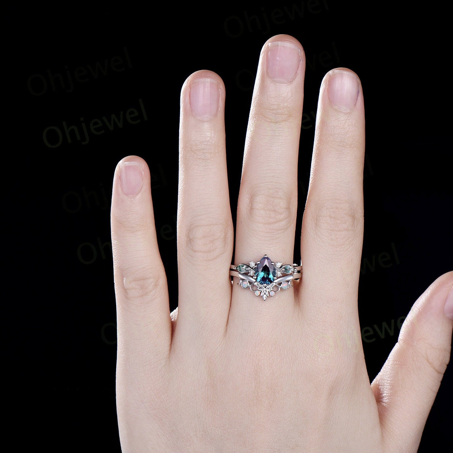 Vintage pear Alexandrite engagement ring set art deco solid 14k white gold moss agate opal ring women moon Celtic knot bridal ring set gift