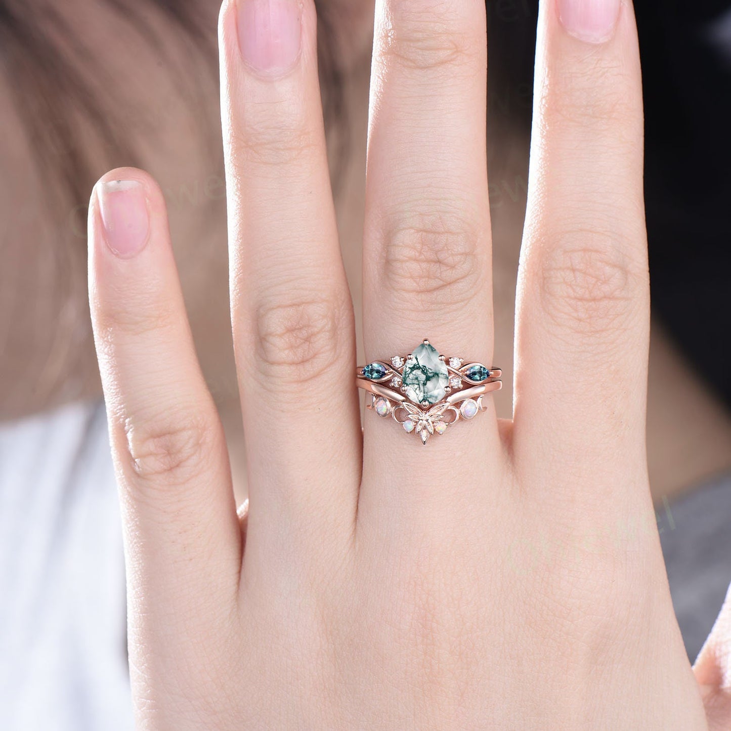 Vintage pear natural moss agate engagement ring white gold moon marquise alexandrite opal ring custom Personalized wedding ring set women
