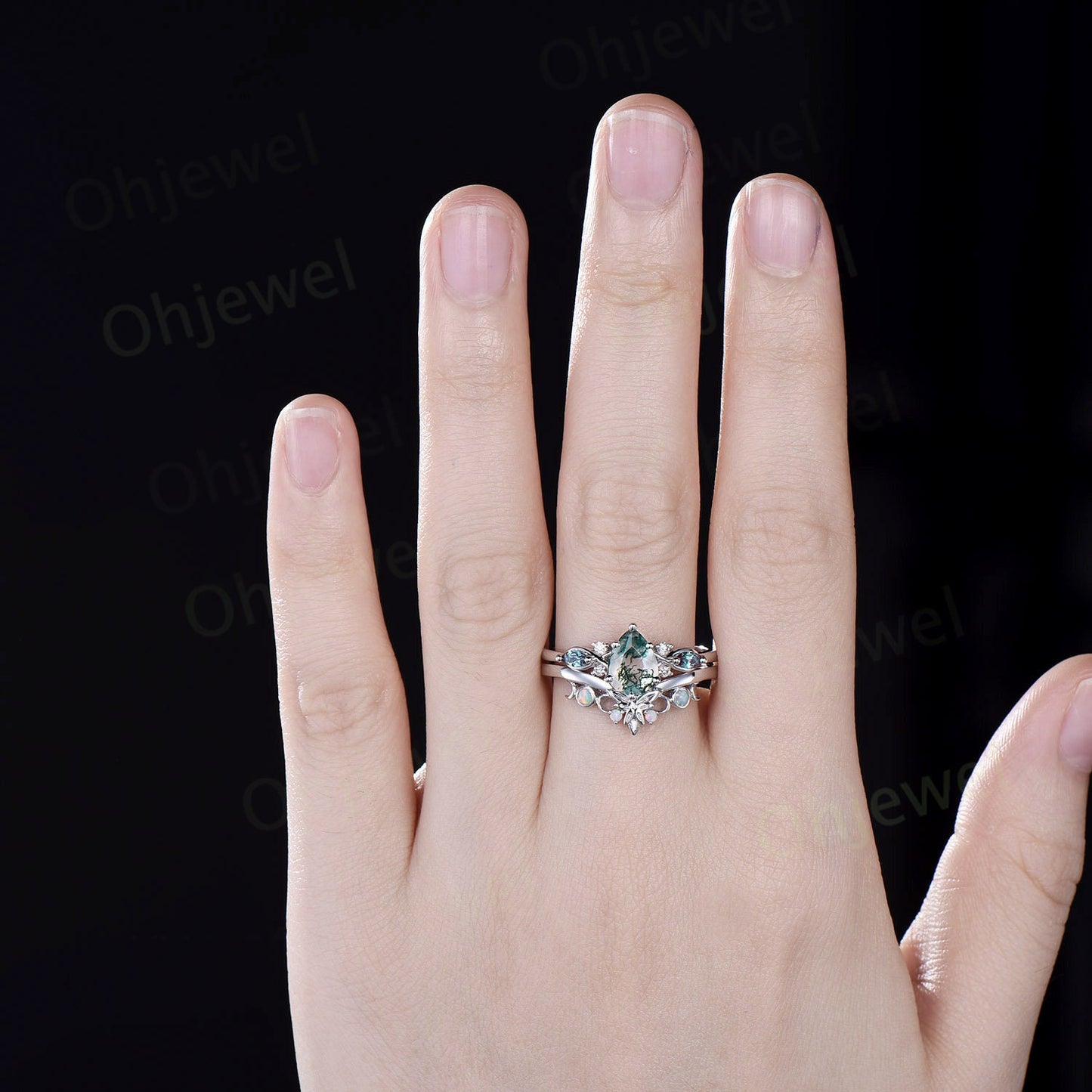 Vintage pear natural moss agate engagement ring white gold moon marquise alexandrite opal ring custom Personalized wedding ring set women