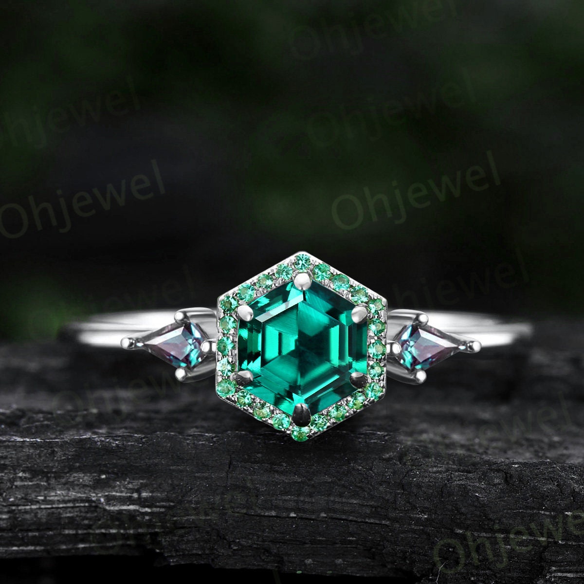 Vintage Hexagon cut green emerald engagement ring yellow gold 6 prong halo ring kite alexandrite ring women gemstone promise ring her gift