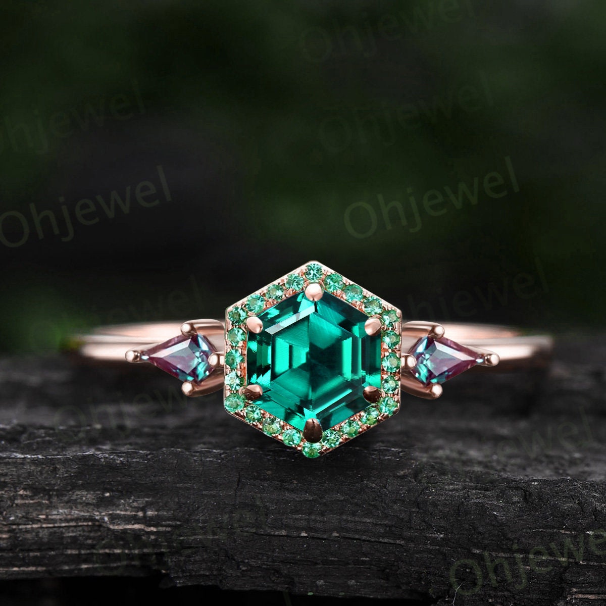 Vintage Hexagon cut green emerald engagement ring yellow gold 6 prong halo ring kite alexandrite ring women gemstone promise ring her gift