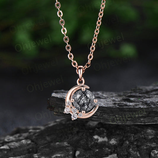 Vintage round cut black rutilated quartz necklace 14k rose gold Personalized moon cluster diamond unique Pendant women anniversary gift her