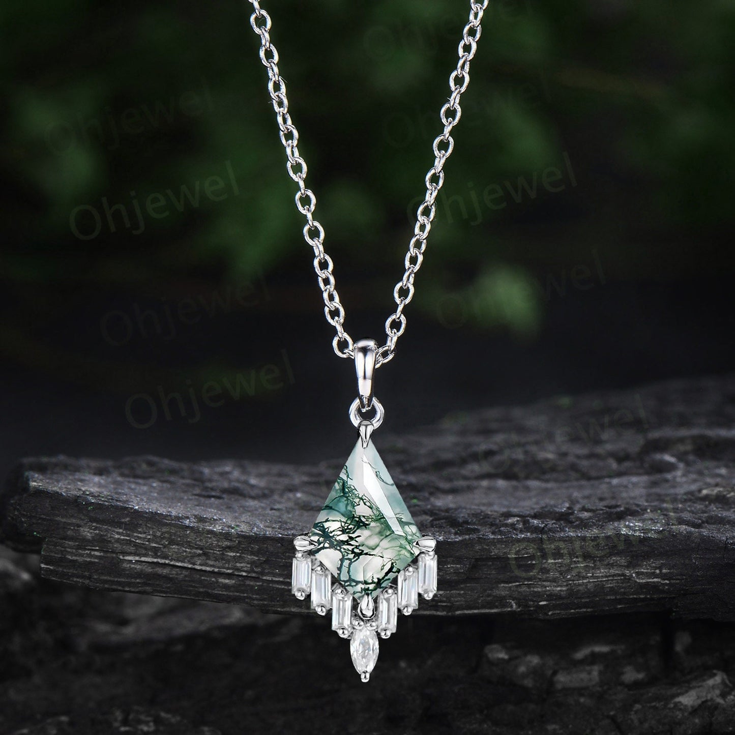 Kite cut green moss agate necklace rose gold cluster marquise baguette cut moissanite necklace pendant women art deco anniversary gift her