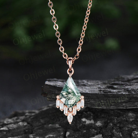 Kite cut green moss agate necklace rose gold cluster marquise baguette cut moissanite necklace pendant women art deco anniversary gift her