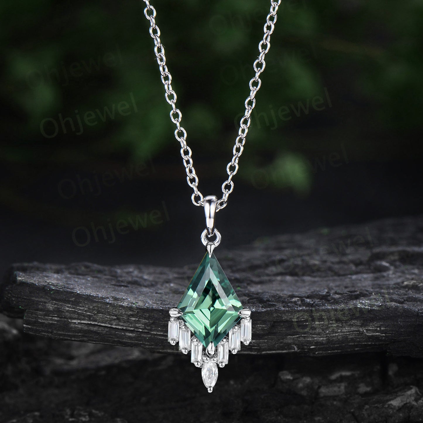 Kite cut teal green sapphire necklace cluster marquise baguette cut moissanite necklace pendant women rose gold anniversary gift for her