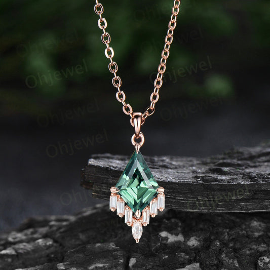 Kite cut teal green sapphire necklace cluster marquise baguette cut moissanite necklace pendant women rose gold anniversary gift for her