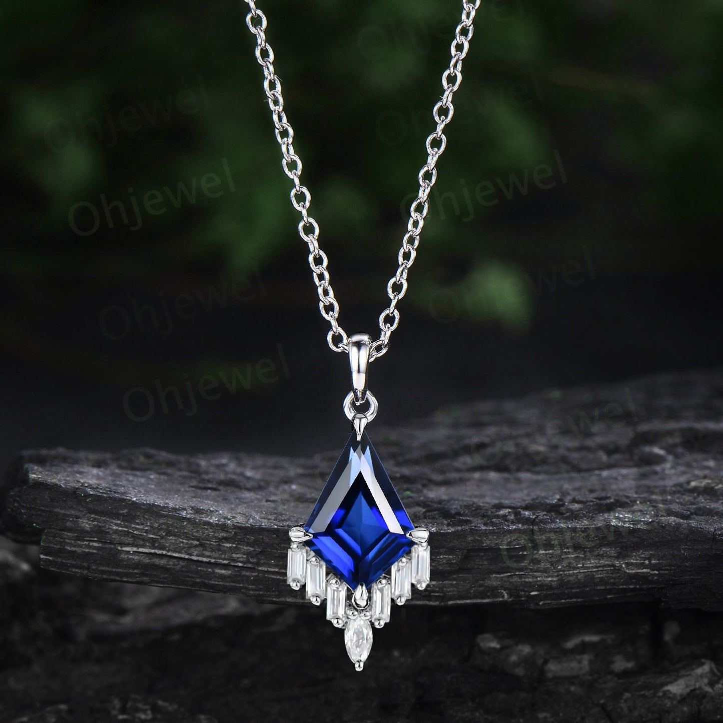 Kite cut blue sapphire necklace 14k rose gold cluster marquise baguette cut moissanite necklace pendant women art deco anniversary gift her