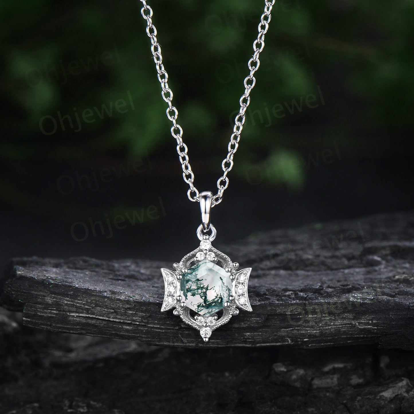 Vintage hexagon natural green moss agate necklace 14k rose gold cluster halo moon diamond necklace Pendant women antique jewelry gift