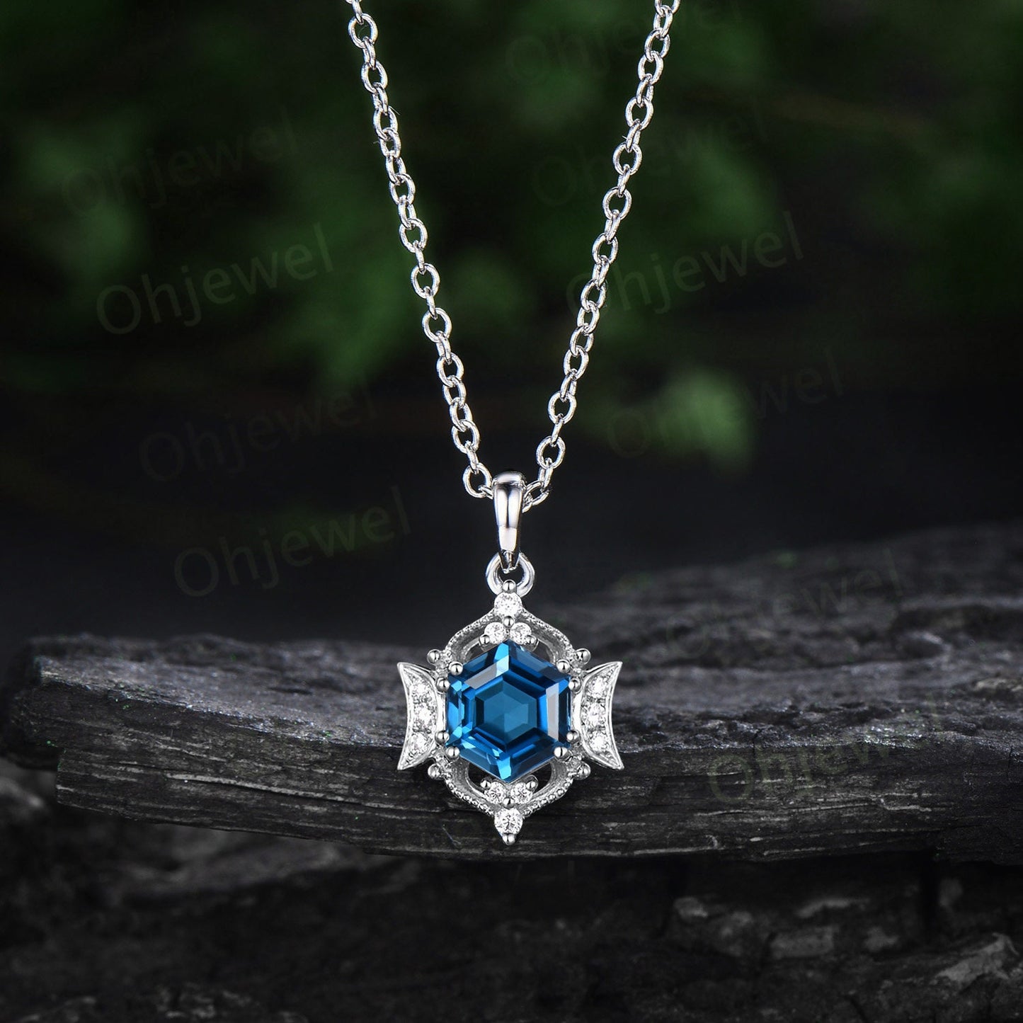Vintage hexagon London blue topaz necklace 14k rose gold cluster halo moon diamond necklace Pendant women gemstone antique jewelry gift