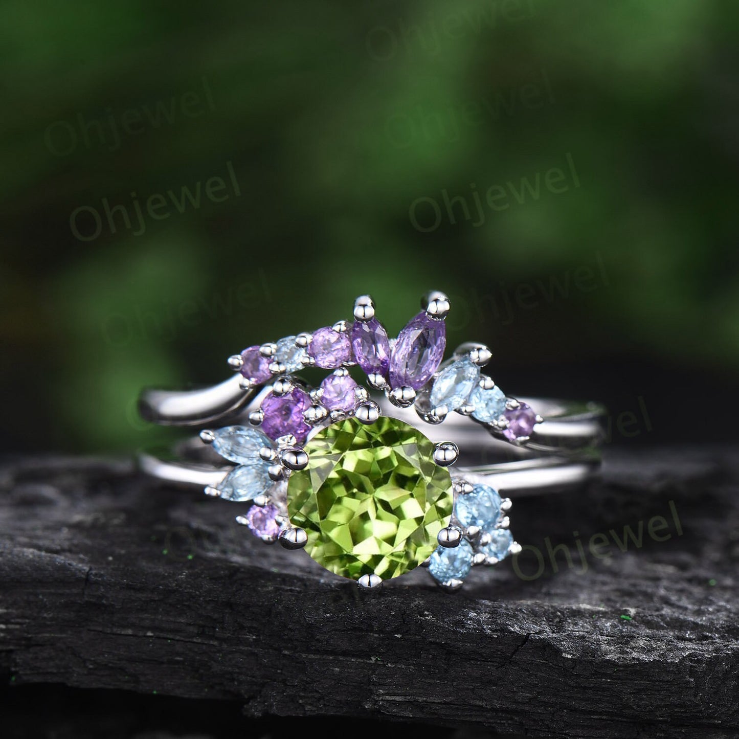 Vintage round peridot engagement ring 14k white gold snowdrift cluster amethyst topaz ring women gemstone crystal ring unique wedding ring