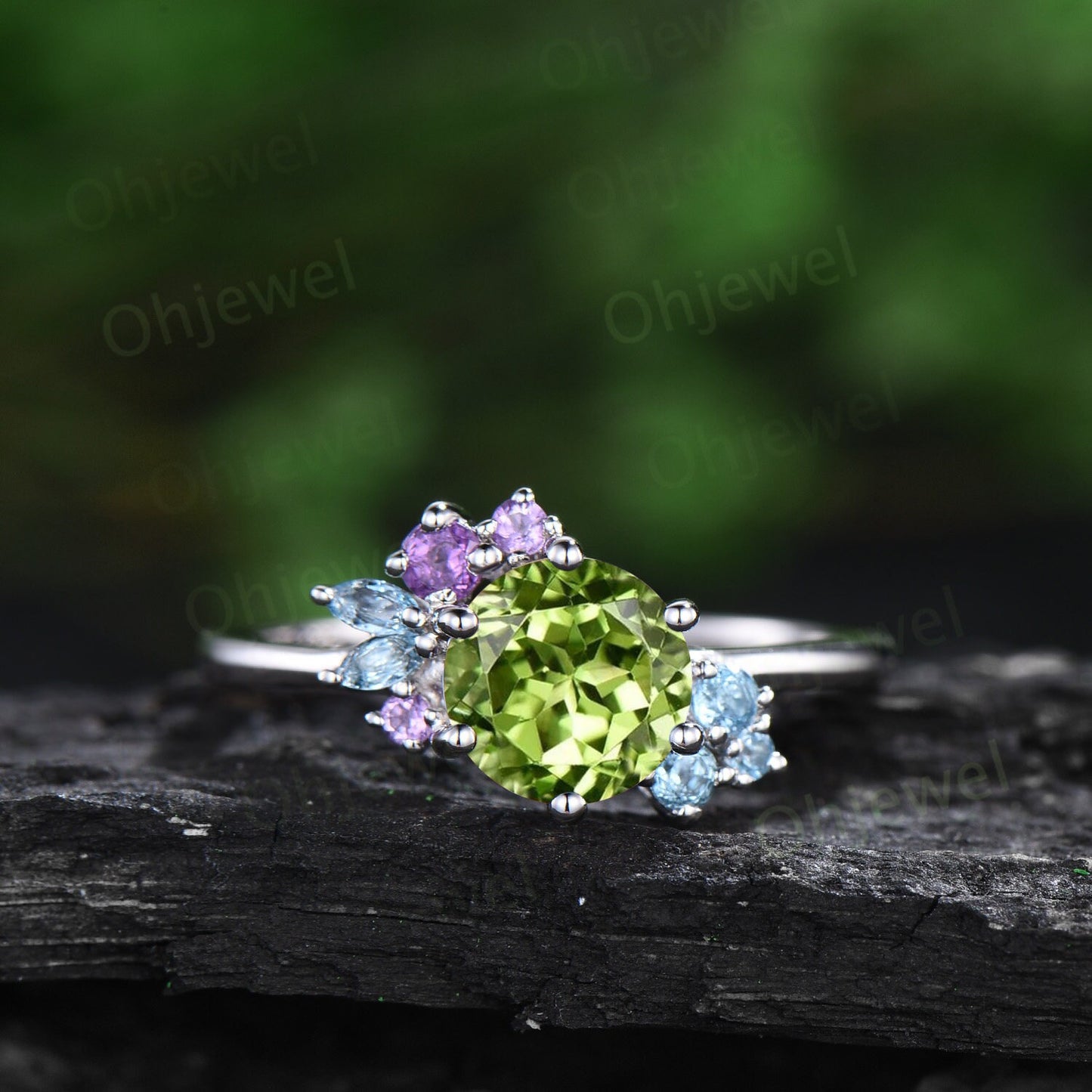 Vintage round peridot engagement ring 14k white gold snowdrift cluster amethyst topaz ring women gemstone crystal ring unique wedding ring