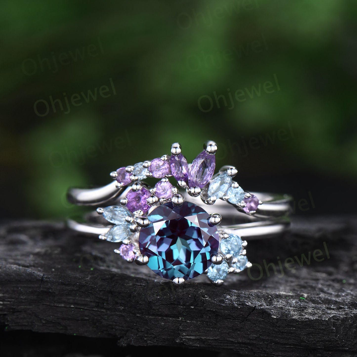 Vintage round Alexandrite engagement ring white gold snowdrift cluster amethyst topaz ring women gemstone crystal ring unique wedding ring