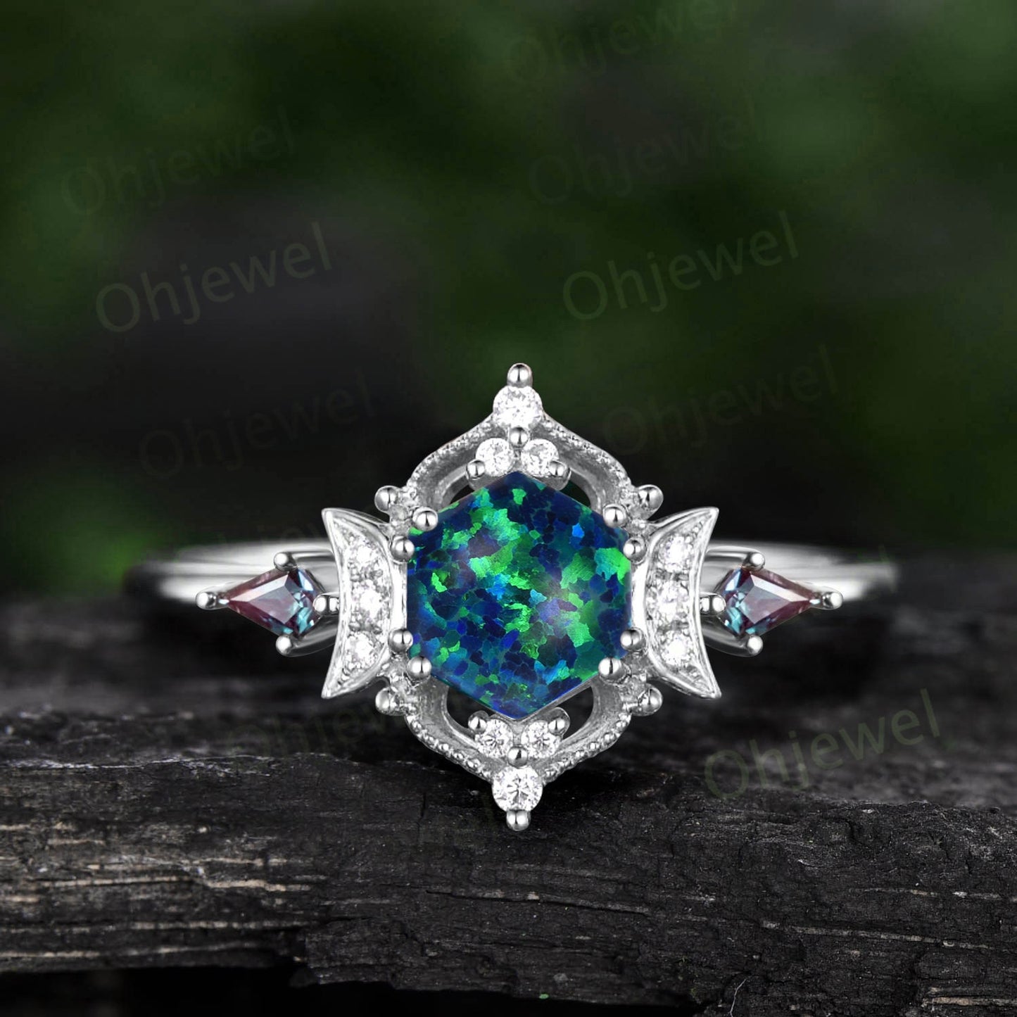 Hexagon black opal ring vintage kite Alexandrite ring rose gold halo unique moon engagement ring women milgrain diamond ring jewelry gift