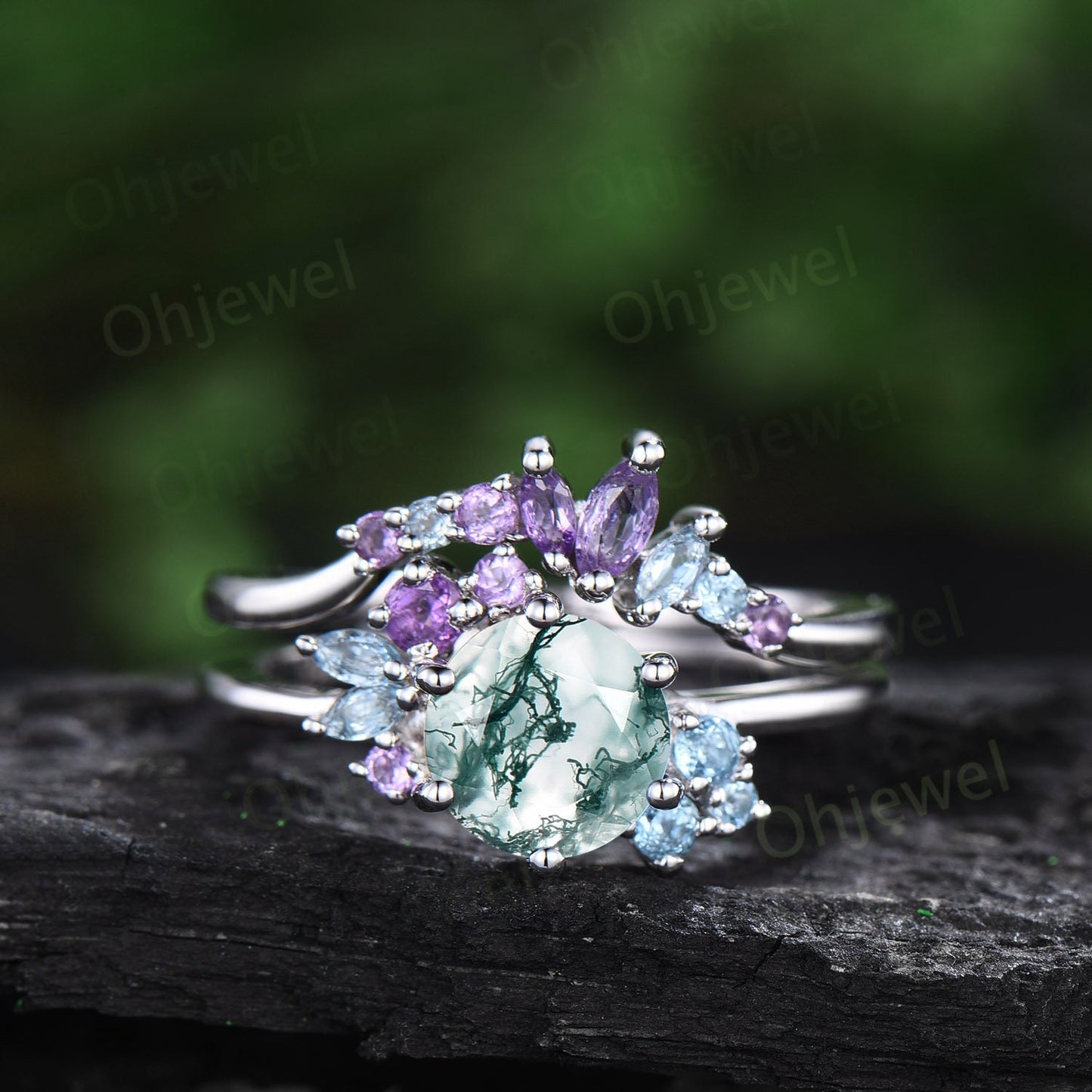 Vintage round moss agate engagement ring white gold snowdrift cluster amethyst topaz ring women gemstone crystal ring unique wedding ring