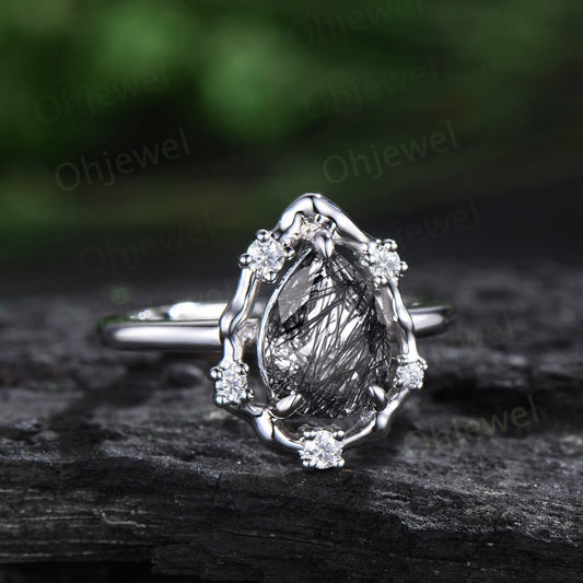 Vintage pear black rutilated quartz engagement ring leaf Nature inspired halo cluster diamond ring women white gold branch wedding ring gift