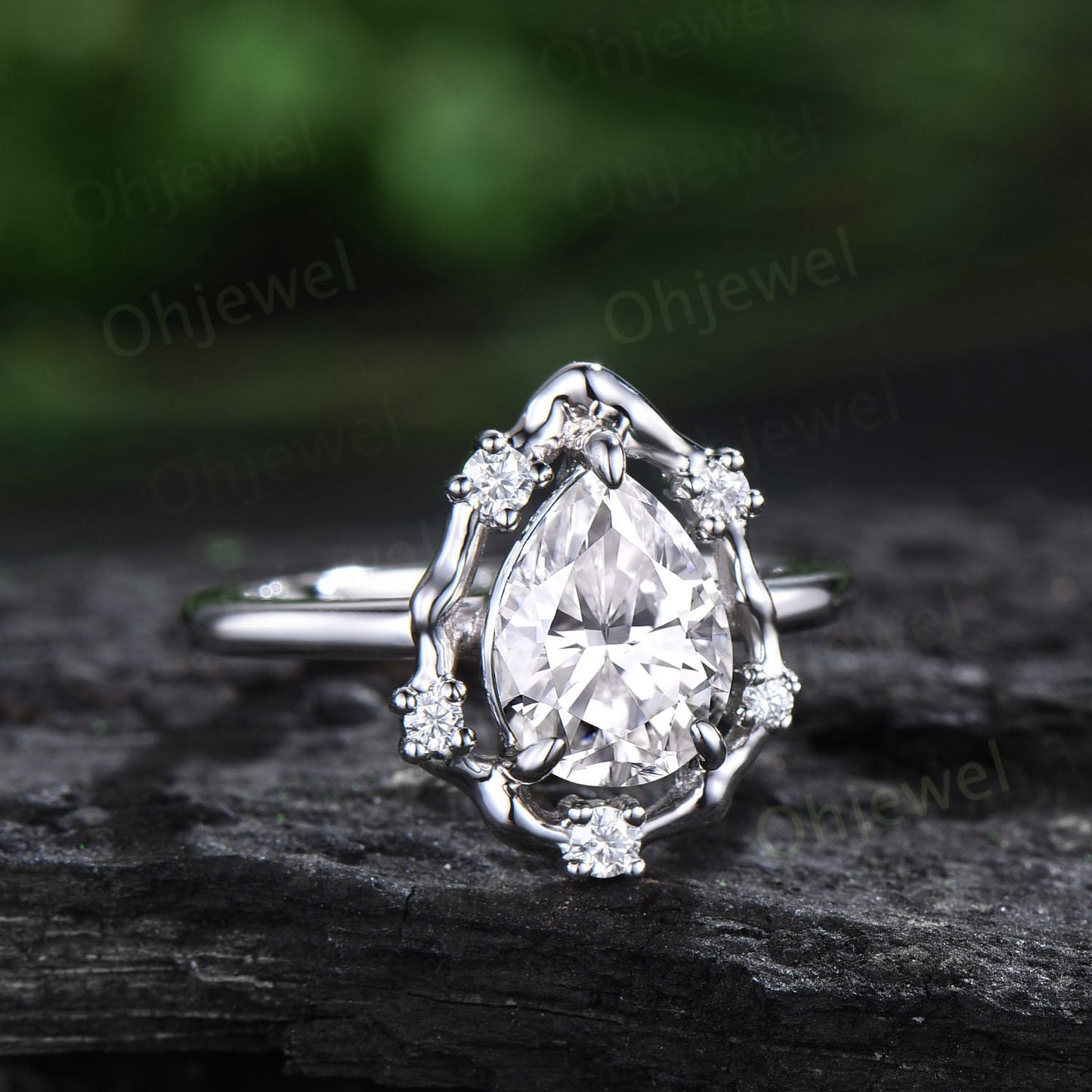 Vintage pear shaped moissanite engagement ring leaf Nature inspired vine halo diamond ring women white gold branch anniversary ring gift