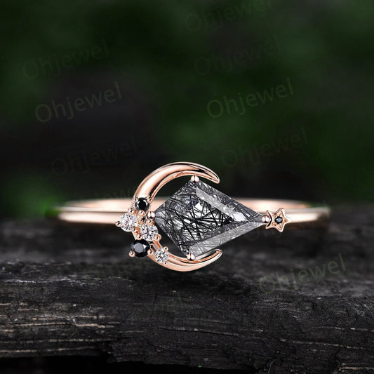 Kite cut black rutilated quartz ring vintage cluster spinel diamond ring rose gold east to west moon star engagement ring wedding ring women