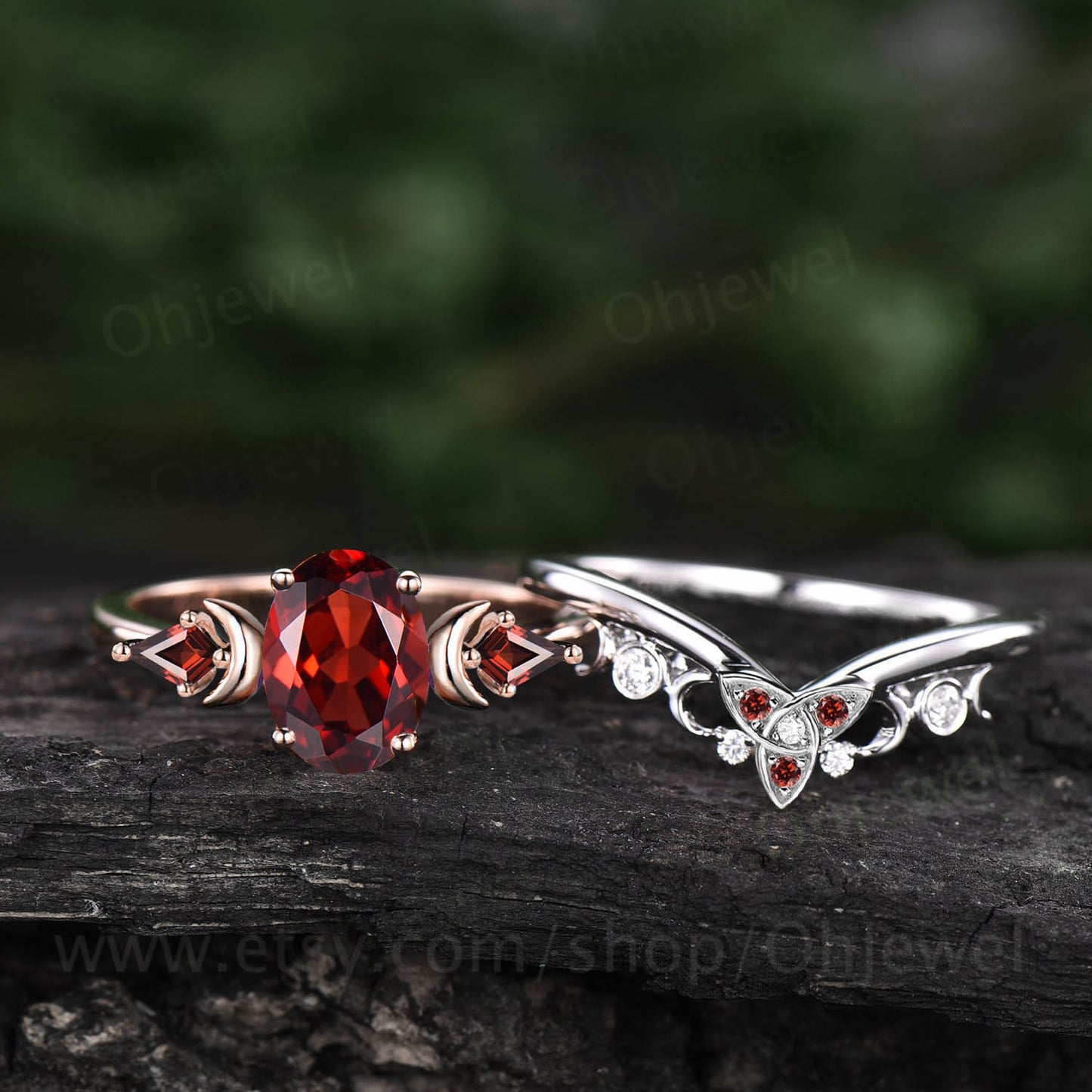 Vintage kite oval red garnet engagement ring 14k rose gold three stone moon Celtic knot moissanite anniversary wedding ring set women her