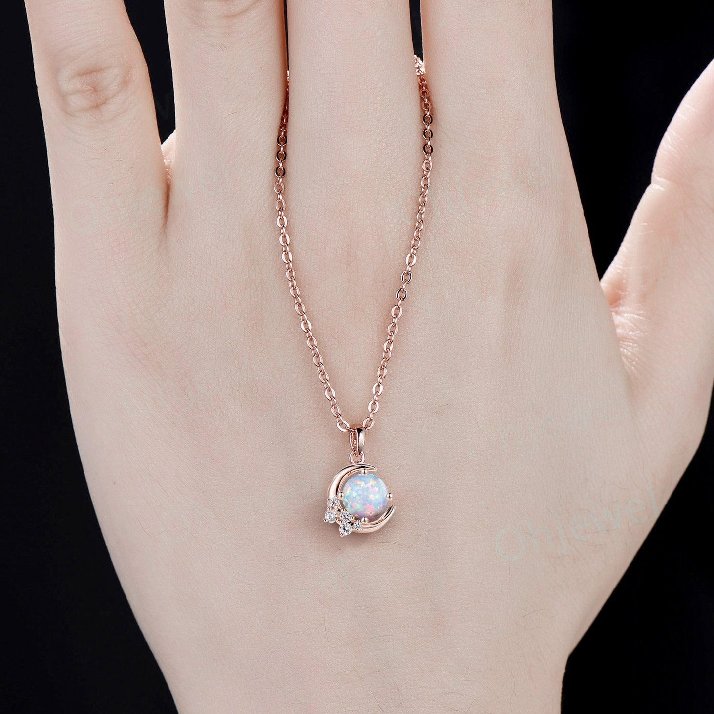 Vintage round white opal necklace 14k rose gold Personalized dainty moon cluster diamond unique Pendant women birthday anniversary gift