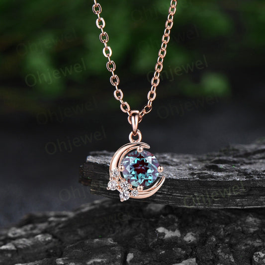 1ct Round Alexandrite necklace solid 14k rose gold unique moon necklace cluster moissanite Pendant women anniversary gift June birthstone