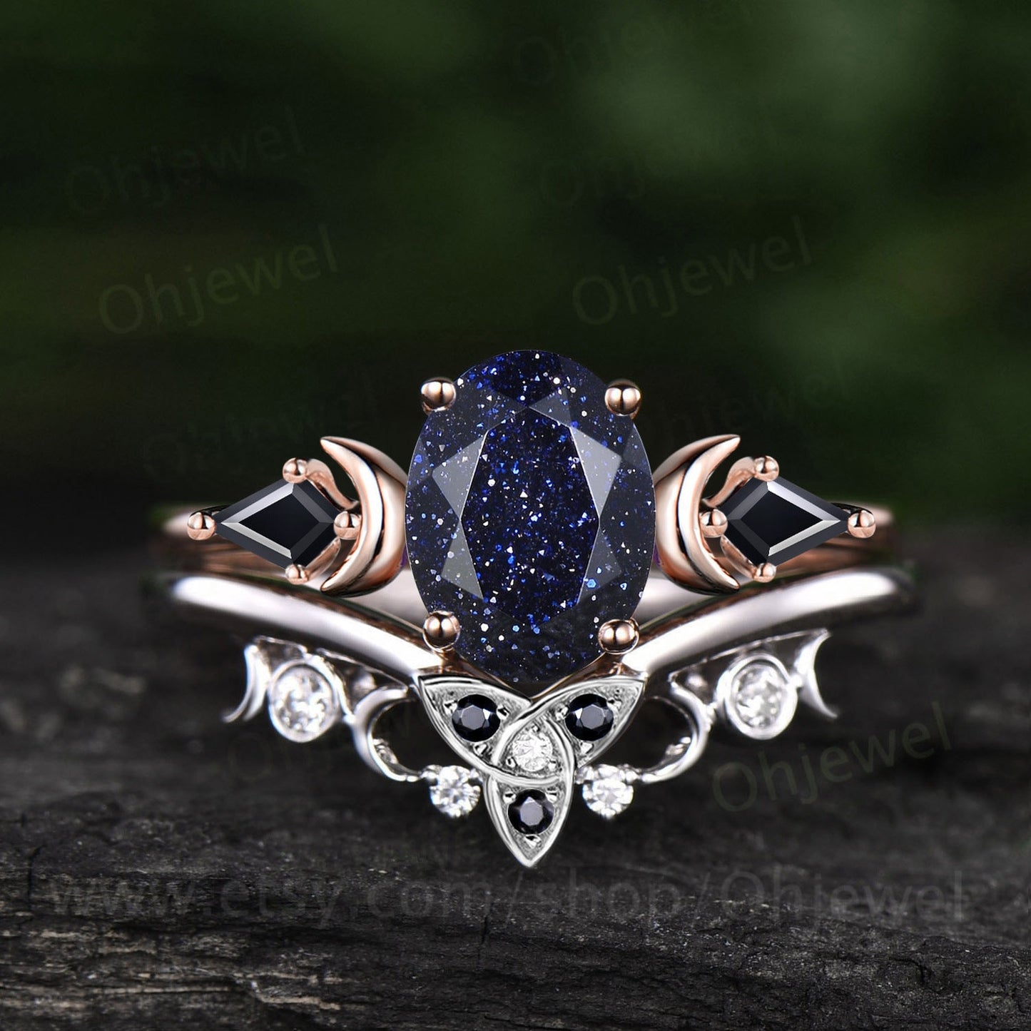 Vintage oval blue sandstone goldstone engagement ring 14k rose gold kite black spinel ring moon moissanite wedding ring set women gift