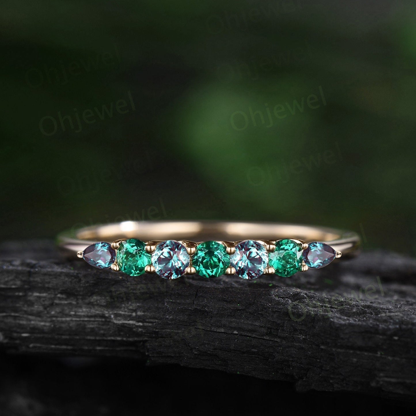 Round emerald alexandrite wedding band half eternity solid 14k rose gold Personalized green gemstone dainty unique anniversary ring gift