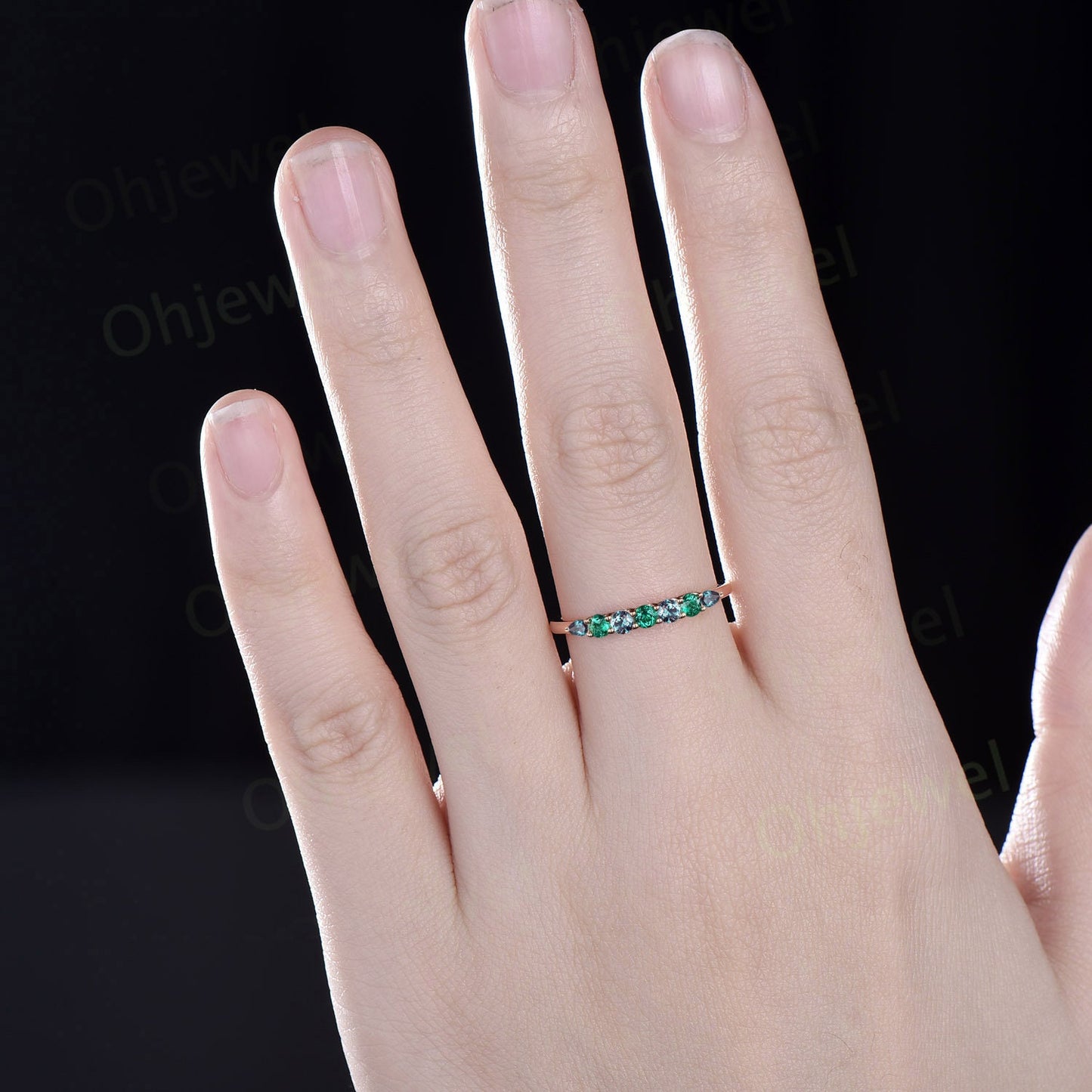 Round emerald alexandrite wedding band half eternity solid 14k rose gold Personalized green gemstone dainty unique anniversary ring gift