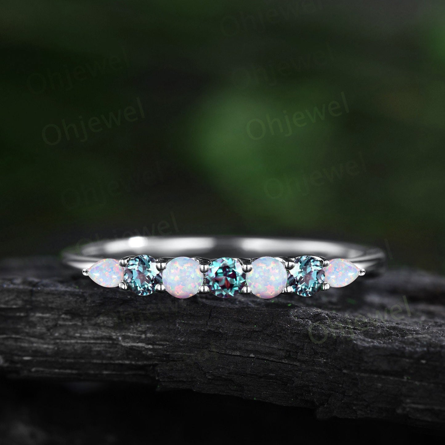 Dainty round opal alexandrite wedding band half eternity solid 14k rose gold Personalized Minimalist green gemstone anniversary ring gift