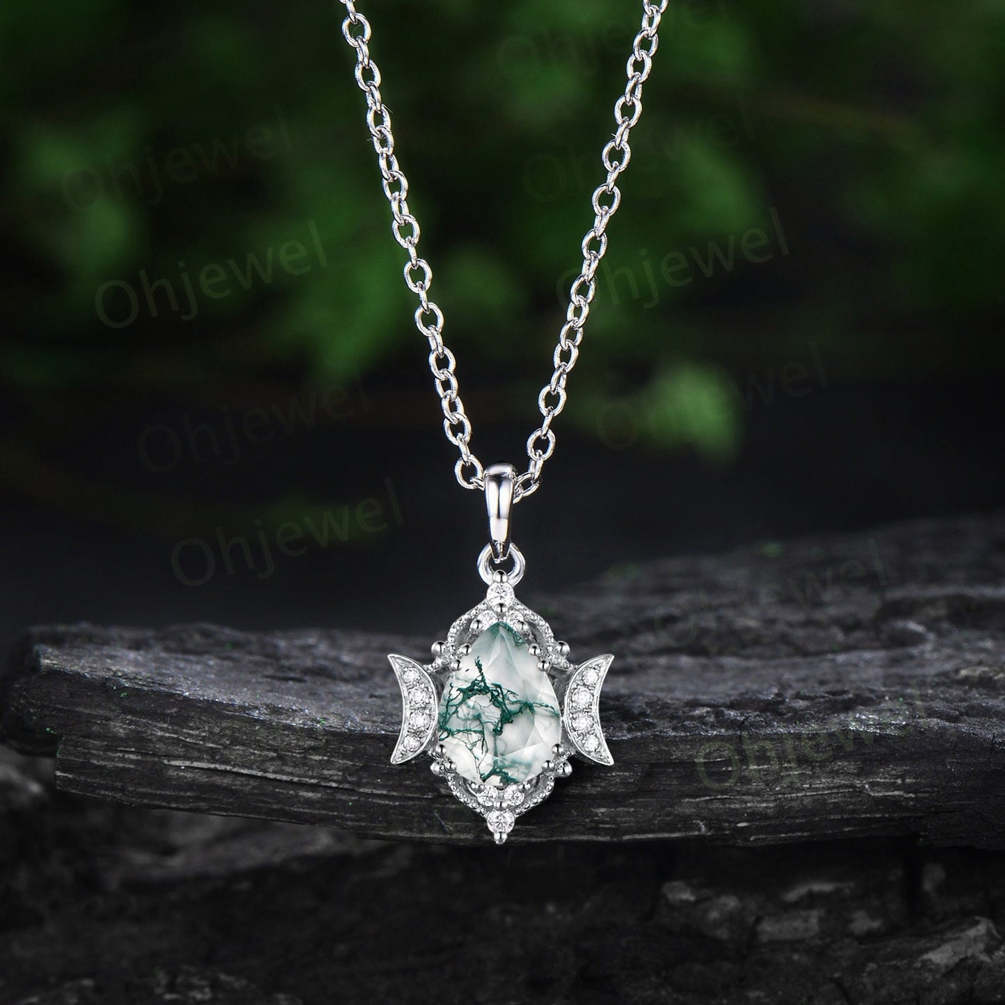 Pear green moss agate necklace vintage halo cluster milgrain moon diamond Pendant art deco 14k rose gold women antique anniversary gift her