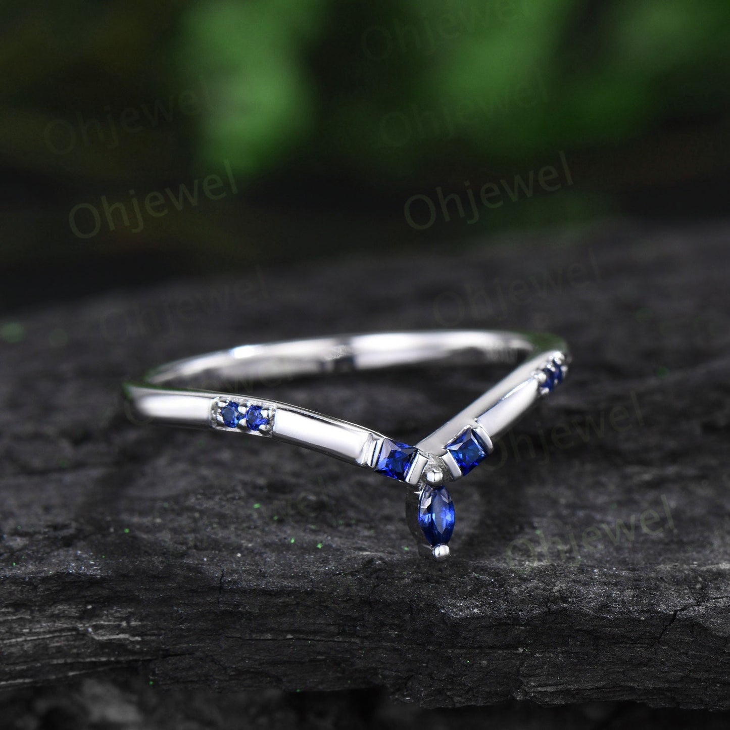 Princess cut sapphire wedding band art deco curved wedding ring band women vintage 14k white gold 7 stone bridal anniversary ring gift