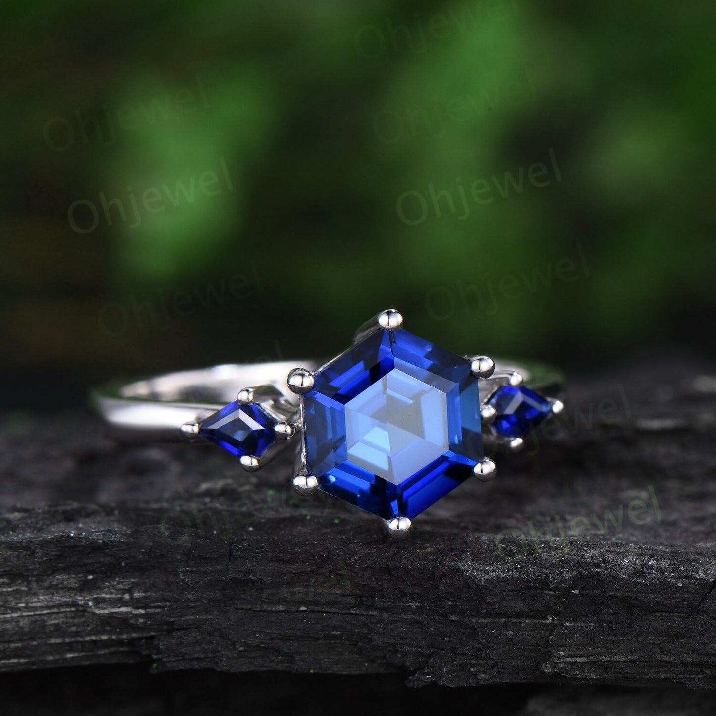 Hexagon sapphire engagement ring set white gold three stone princess kite sapphire ring blue gemstone unique promise ring set women gift