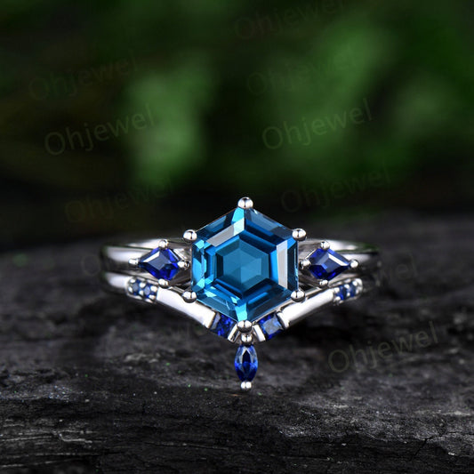 Hexagon London blue topaz engagement ring set white gold three stone princess kite sapphire ring unique wedding promise ring set women gift