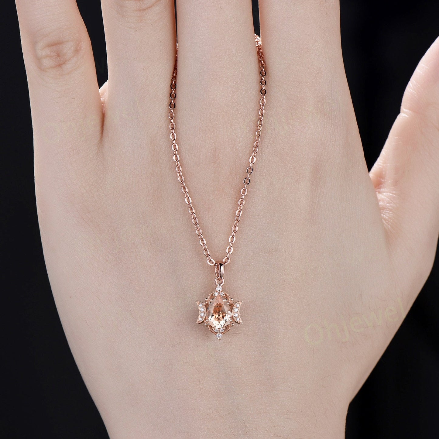 Vintage pear natural morgantie necklace rose gold unique moon halo diamond necklace Pendant women art deco birthday anniversary gift her