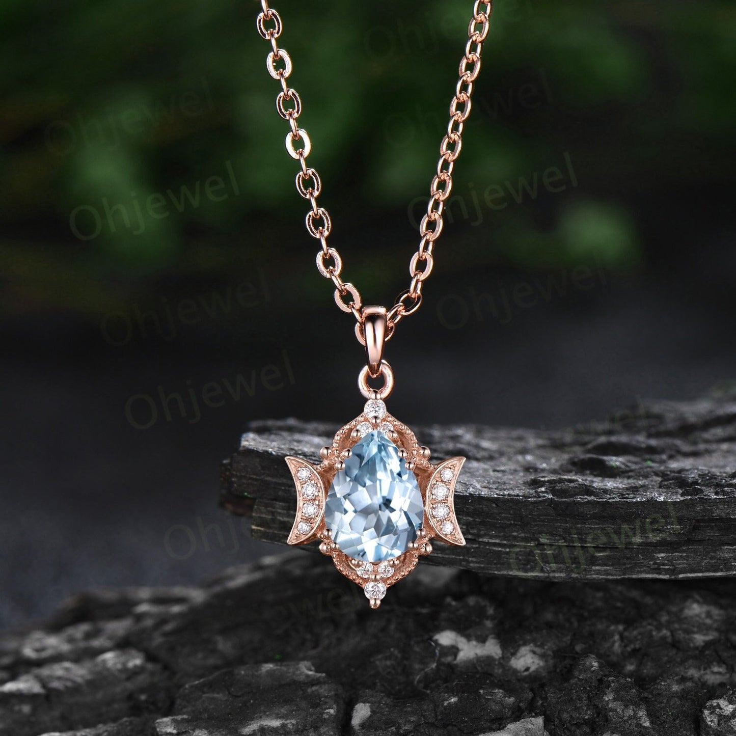 Vintage pear aquamarine necklace 14k rose gold women unique milgrain art deco moon diamond Pendant birthday bridal anniversary gift for her